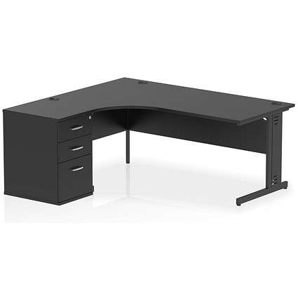 Impulse 1800mm Corner Desk, Left Hand, Black Cable Managed Leg, Black, With 600mm Deep Desk High Pedestal