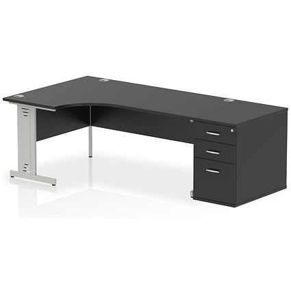 Impulse 1800mm Corner Desk, Left Hand, Silver Cable Managed Leg, Black, With 800mm Deep Desk High Pedestal