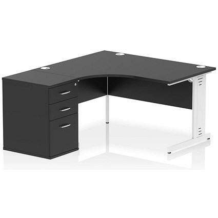 Impulse 1400mm Corner Desk with 600mm Desk High Pedestal, Left Hand, White Cable Managed Leg, Black