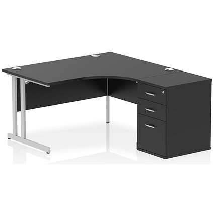 Impulse 1400mm Corner Desk with 600mm Desk High Pedestal, Right Hand, Silver Cantilever Leg, Black