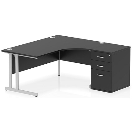 Impulse 1600mm Corner Desk, Right Hand, Silver Cantilever Leg, Black, With 600mm Desk High Pedestal