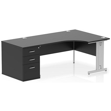 Impulse 1600mm Corner Desk, Right Hand, Silver Cable Managed Leg, Black, With 800mm Deep Desk High Pedestal