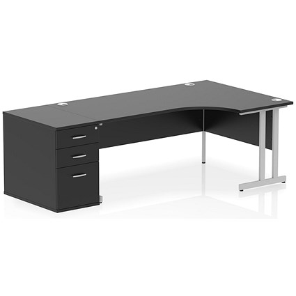 Impulse 1800mm Right Crescent Office Desk Black Top Silver Cantilever Leg Workstation 800 Deep Desk High Pedestal