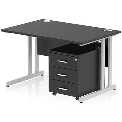 Impulse 1200mm Rectangular Desk, Silver Cantilever Leg, Black, With 3 Drawer Mobile Pedestal