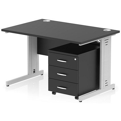 Impulse 1200mm Rectangular Desk, Silver Cable Managed Leg, Black, With 3 Drawer Mobile Pedestal