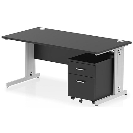 Impulse 1600mm Rectangular Desk, Silver Cable Managed Leg, Black, With 2 Drawer Mobile Pedestal