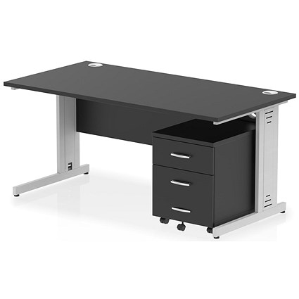 Impulse 1600mm Rectangular Desk, Silver Cable Managed Leg, Black, With 3 Drawer Mobile Pedestal