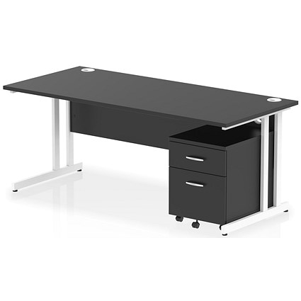 Impulse 1800mm Rectangular Desk, White Cantilever Leg, Black, With 2 Drawer Mobile Pedestal