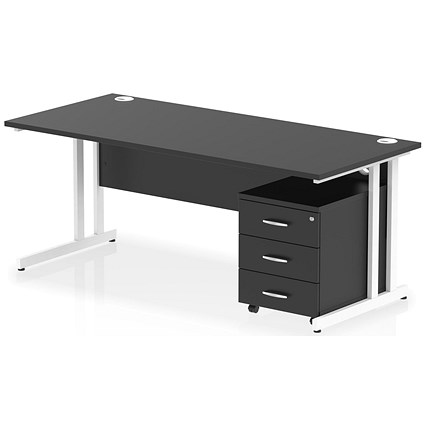 Impulse 1800mm Rectangular Desk, White Cantilever Leg, Black, With 3 Drawer Mobile Pedestal