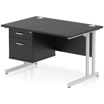 Impulse 1200mm Rectangular Desk, Silver Cantilever Leg, Black, With 2 Drawer Fixed Pedestal