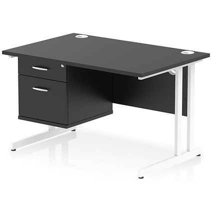 Impulse 1200mm Rectangular Desk, White Cantilever Leg, Black, With 2 Drawer Fixed Pedestal