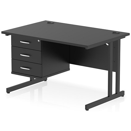 Impulse 1200mm Rectangular Desk, Black Cantilever Leg, Black, With 3 Drawer Fixed Pedestal