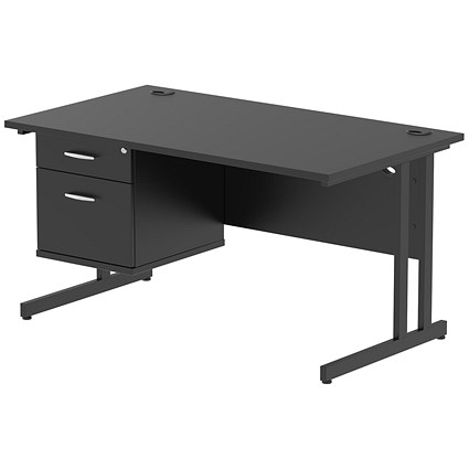 Impulse 1400mm Rectangular Desk, Black Cantilever Leg, Black, With 2 Drawer Fixed Pedestal