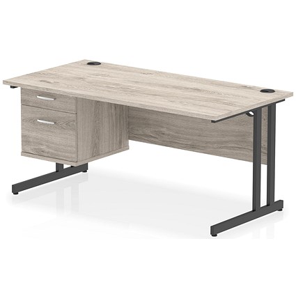 Impulse 1600mm Rectangular Desk, Black Cantilever Leg, Grey Oak, With 2 Drawer Fixed Pedestal