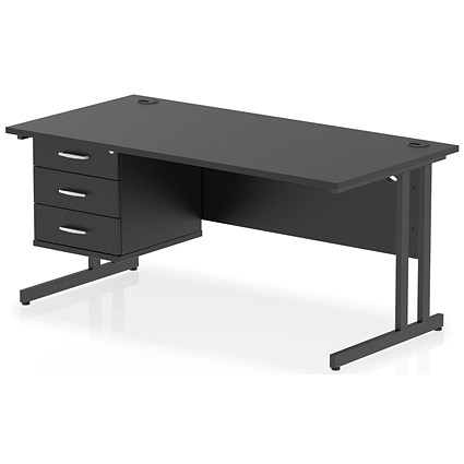 Impulse 1600mm Rectangular Desk, Black Cantilever Leg, Black, With 3 Drawer Fixed Pedestal