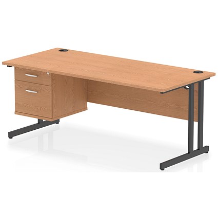 Impulse 1800mm Rectangular Desk, Black Cantilever Leg, Oak, With 2 Drawer Fixed Pedestal