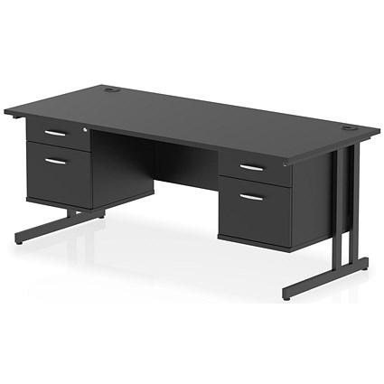 Impulse 1800mm Rectangular Desk, Black Cantilever Leg, Black, With 2 x 2 Drawer Fixed Pedestals