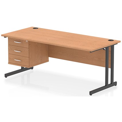 Impulse 1800mm Rectangular Desk, Black Cantilever Leg, Oak, With 3 Drawer Fixed Pedestal