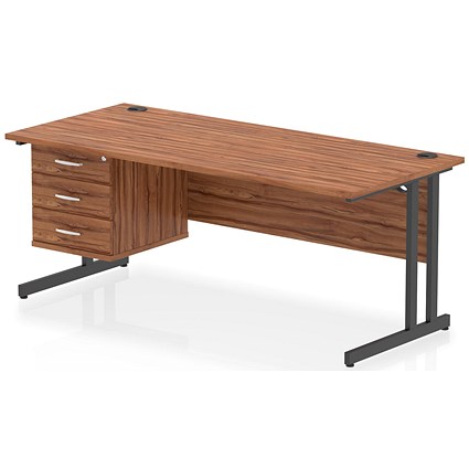 Impulse 1800mm Rectangular Desk, Black Cantilever Leg, Walnut, With 3 Drawer Fixed Pedestal