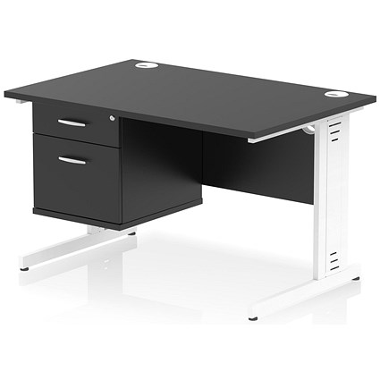 Impulse 1200mm Rectangular Desk, White Cable Managed Leg, Black, With 2 Drawer Fixed Pedestal