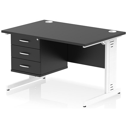 Impulse 1200mm Rectangular Desk, White Cable Managed Leg, Black, With 3 Drawer Fixed Pedestal