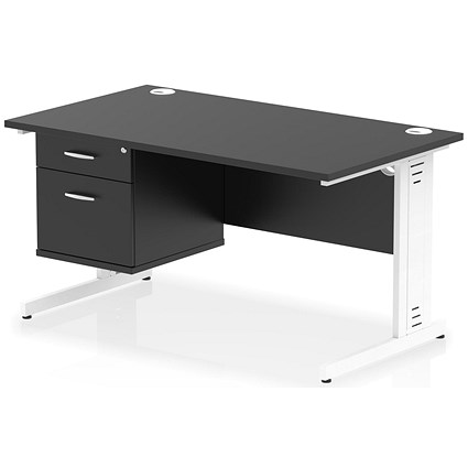 Impulse 1400mm Rectangular Desk, White Cable Managed Leg, Black, With 2 Drawer Fixed Pedestal