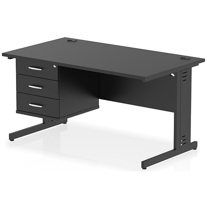 Impulse 1400mm Rectangular Desk, Black Cable Managed Leg, Black, With 3 Drawer Fixed Pedestal