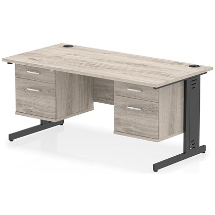 Impulse 1600mm Rectangular Desk, Black Cable Managed Leg, Grey Oak, With 2 x 2 Drawer Fixed Pedestals