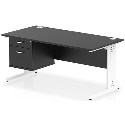 Impulse 1600mm Rectangular Desk, White Cable Managed Leg, Black, With 2 Drawer Fixed Pedestal