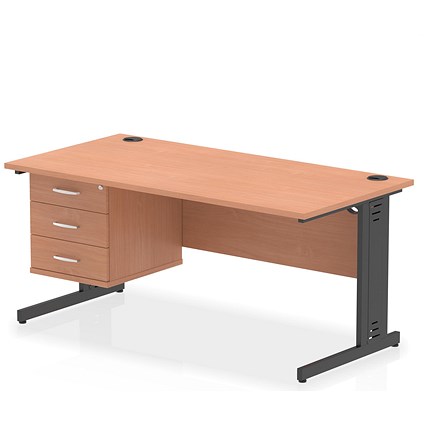 Impulse 1600mm Rectangular Desk, Black Cable Managed Leg, Beech, With 3 Drawer Fixed Pedestal