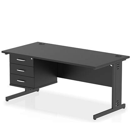 Impulse 1600mm Rectangular Desk, Black Cable Managed Leg, Black, With 3 Drawer Fixed Pedestal