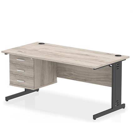 Impulse 1600mm Rectangular Desk, Black Cable Managed Leg, Grey Oak, With 3 Drawer Fixed Pedestal