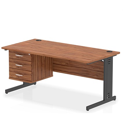 Impulse 1600mm Rectangular Desk, Black Cable Managed Leg, Walnut, With 3 Drawer Fixed Pedestal