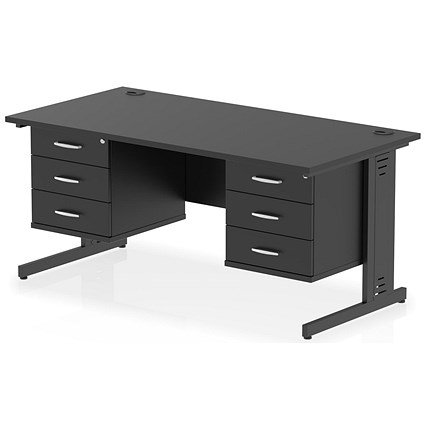 Impulse 1600mm Rectangular Desk, Black Cable Managed Leg, Black, With 2 x 3 Drawer Fixed Pedestals