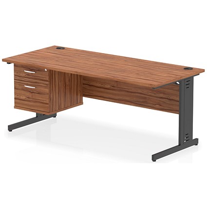 Impulse 1800mm Rectangular Desk, Black Cable Managed Leg, Walnut, With 2 Drawer Fixed Pedestal