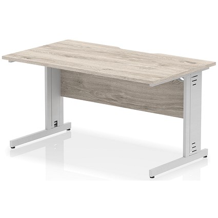 Impulse 1400mm Scalloped Edge Rectangular Desk, Silver Cable Managed Legs, Grey Oak