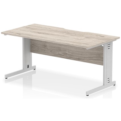 Impulse 1600mm Scalloped Edge Rectangular Desk, Silver Cable Managed Legs, Grey Oak