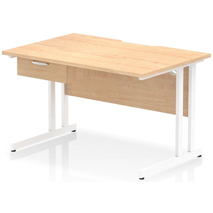 Impulse 1200mm Scalloped Edge Rectangular Desk, White Cantilever Legs, Maple, With 1 x 1 Drawer Fixed Pedestal