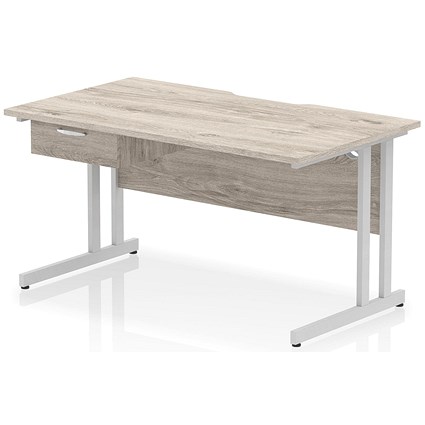 Impulse 1400mm Scalloped Edge Rectangular Desk, Silver Cantilever Legs, Grey Oak, With 1 x 1 Drawer Fixed Pedestal