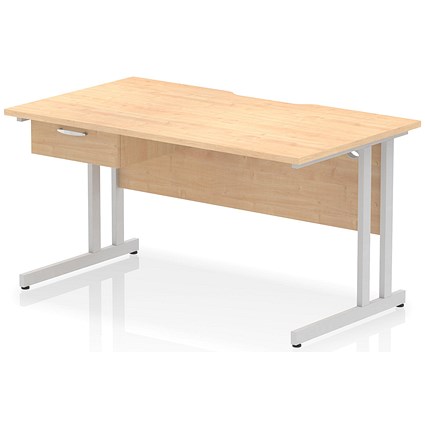 Impulse 1400mm Scalloped Edge Rectangular Desk, Silver Cantilever Legs, Maple, With 1 x 1 Drawer Fixed Pedestal