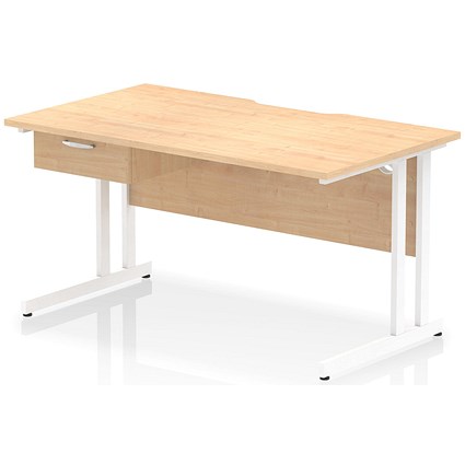 Impulse 1400mm Scalloped Edge Rectangular Desk, White Cantilever Legs, Maple, With 1 x 1 Drawer Fixed Pedestal