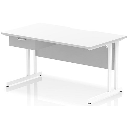 Impulse 1400mm Scalloped Edge Rectangular Desk, White Cantilever Legs, White, With 1 x 1 Drawer Fixed Pedestal