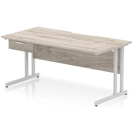 Impulse 1600mm Scalloped Edge Rectangular Desk, Silver Cantilever Legs, Grey Oak, With 1 x 1 Drawer Fixed Pedestal