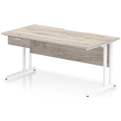 Impulse 1600mm Scalloped Edge Rectangular Desk, White Cantilever Legs, Grey Oak, With 1 x 1 Drawer Fixed Pedestal