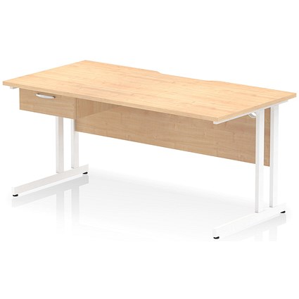 Impulse 1600mm Scalloped Edge Rectangular Desk, White Cantilever Legs, Maple, With 1 x 1 Drawer Fixed Pedestal