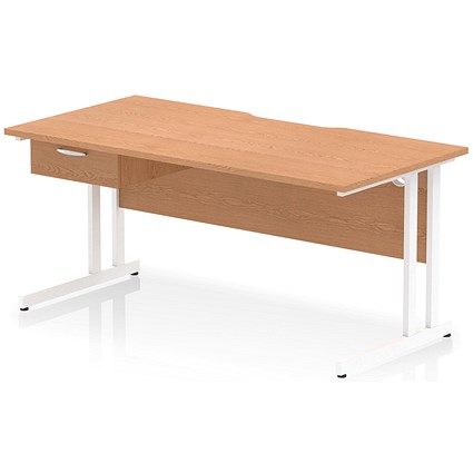 Impulse 1600mm Scalloped Edge Rectangular Desk, White Cantilever Legs, Oak, With 1 x 1 Drawer Fixed Pedestal