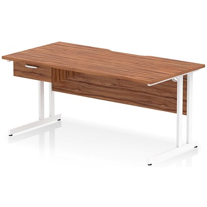 Impulse 1600mm Scalloped Edge Rectangular Desk, White Cantilever Legs, Walnut, With 1 x 1 Drawer Fixed Pedestal