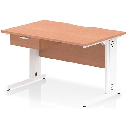 Impulse 1200mm Scalloped Edge Rectangular Desk, White Cable Managed Legs, Beech, With 1 x 1 Drawer Fixed Pedestal