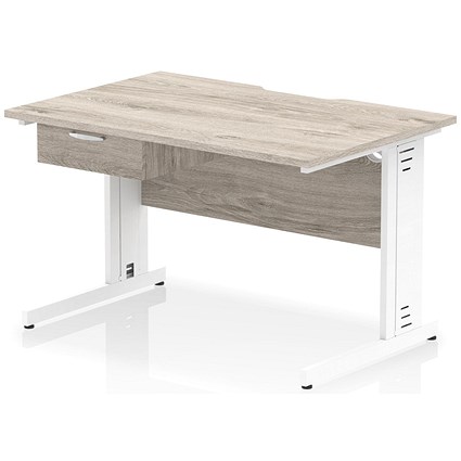 Impulse 1200mm Scalloped Edge Rectangular Desk, White Cable Managed Legs, Grey Oak, With 1 x 1 Drawer Fixed Pedestal