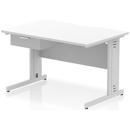 Impulse 1200mm Scalloped Edge Rectangular Desk, Silver Cable Managed Legs, White, With 1 x 1 Drawer Fixed Pedestal